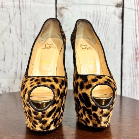CHRISTIAN LOUBOUTIN Highness 160 PonyHair Leopard Print Peep Toe Platforms 38 EU - Picture 16 of 17